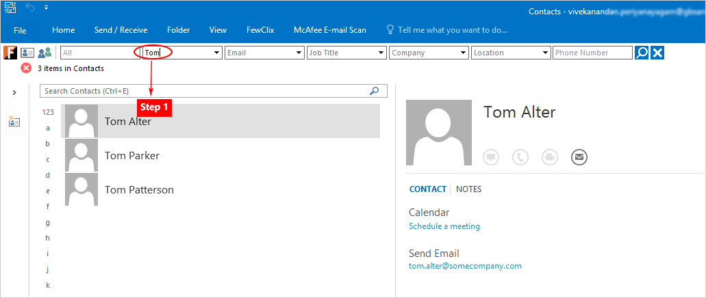 FewClix for Outlook - Contacts Search integrated into the Outlook mailbox