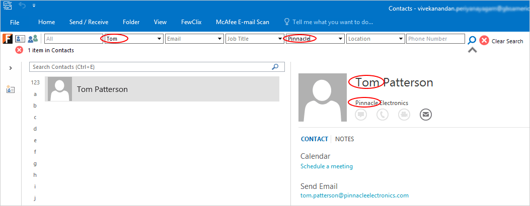 Find Any Contact by using FewClix for Outlook