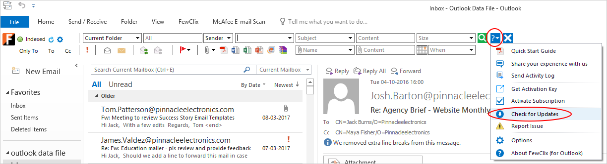 How do I check for FewClix for Outlook update