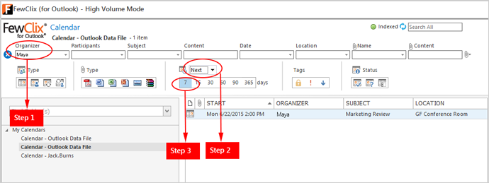 find meeting in my Outlook calendar using FewClix for Outlook