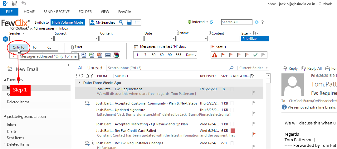 Outlook screen with FewClix for Outlook - Only to search