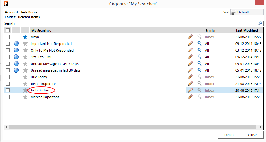 Edited - Outlook screen with FewClix for Outlook - organize My Searches