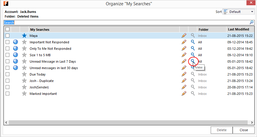 View - Outlook screen with FewClix for Outlook - organize My Searches
