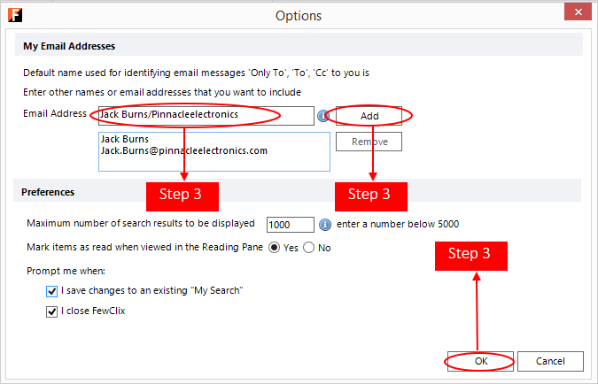 Step 3 - Outlook screen with FewClix for Outlook - make sure that my only to, to and cc filters work properly
