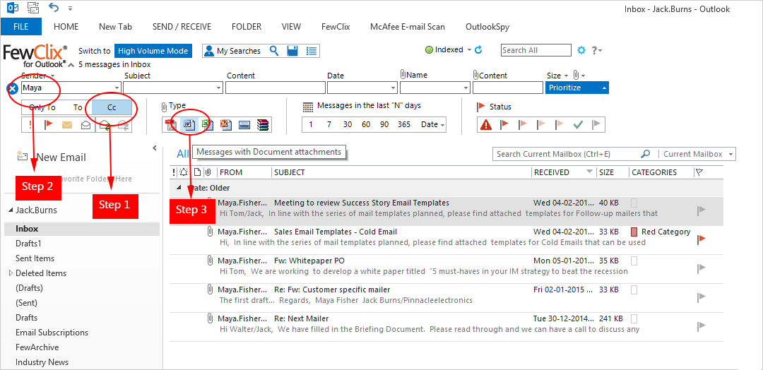 Outlook screen with FewClix for Outlook - Messages addressed Cc To Me filter