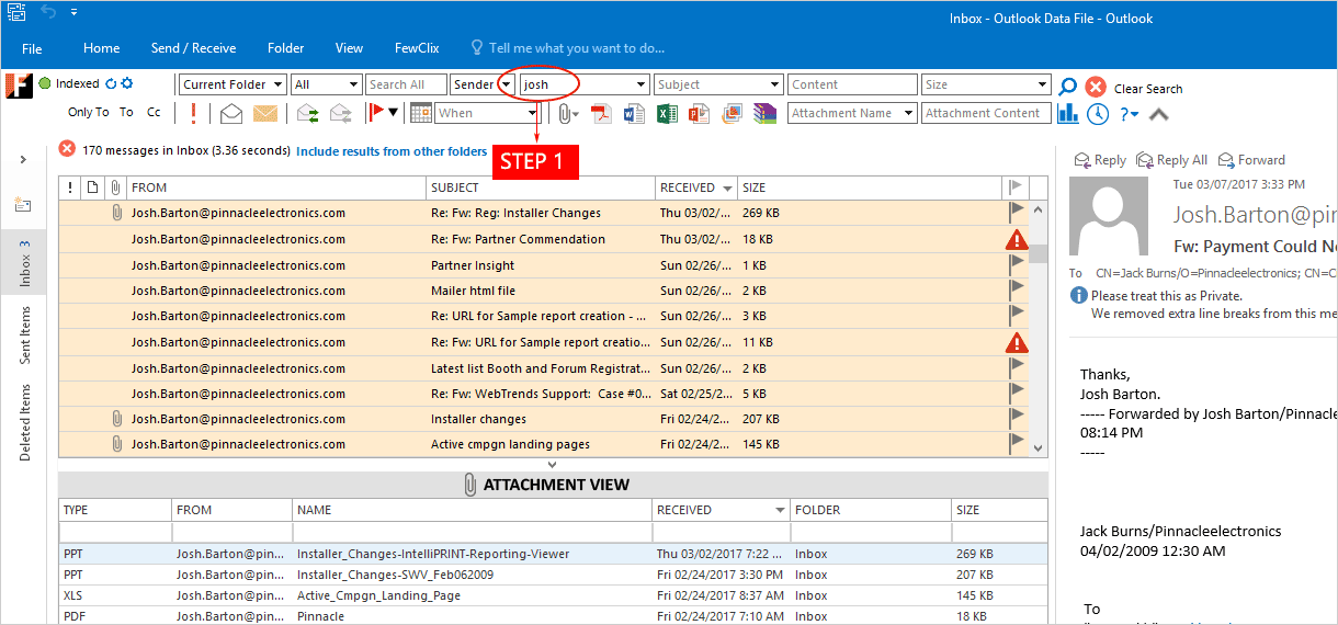 FewClix for Outlook - attachment search integrated into the Outlook mailbox