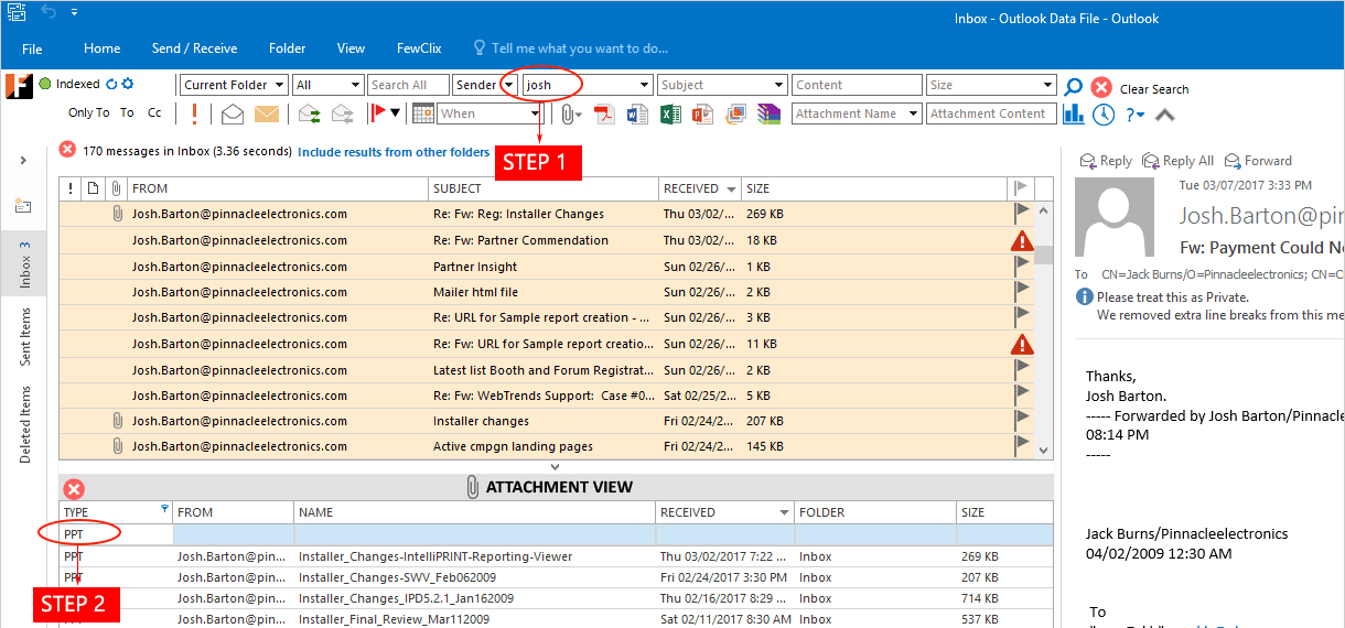 FewClix for Outlook - attachment search integrated into the Outlook mailbox