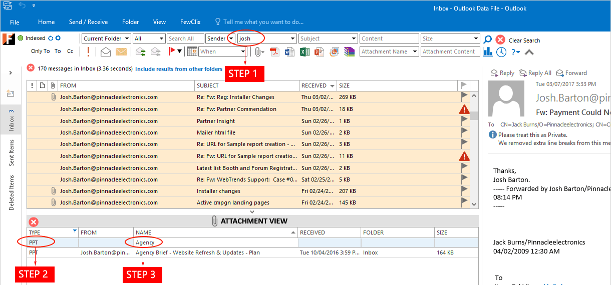 FewClix for Outlook - attachment search integrated into the Outlook mailbox