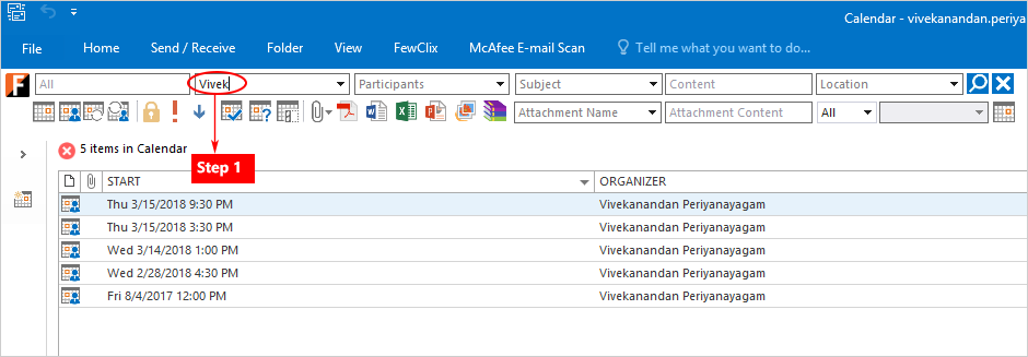 Outlook screen with FewClix for Outlook - Calendar Search
