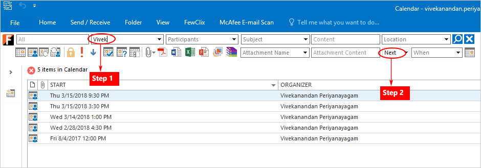 FewClix for Outlook - Calendar Search integrated into the Outlook mailbox