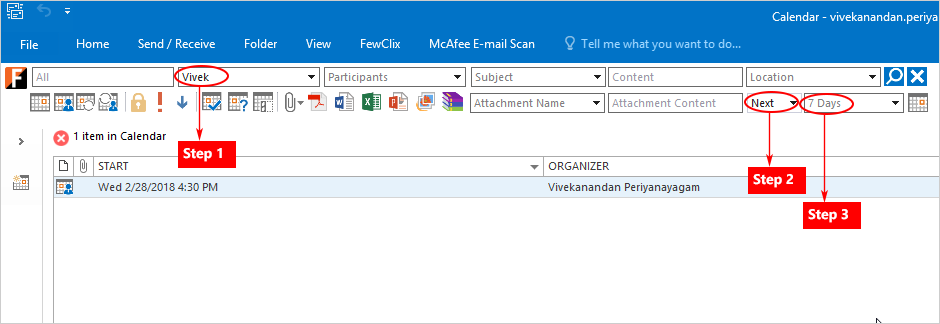 FewClix for Outlook - Calendar Search integrated into the Outlook mailbox