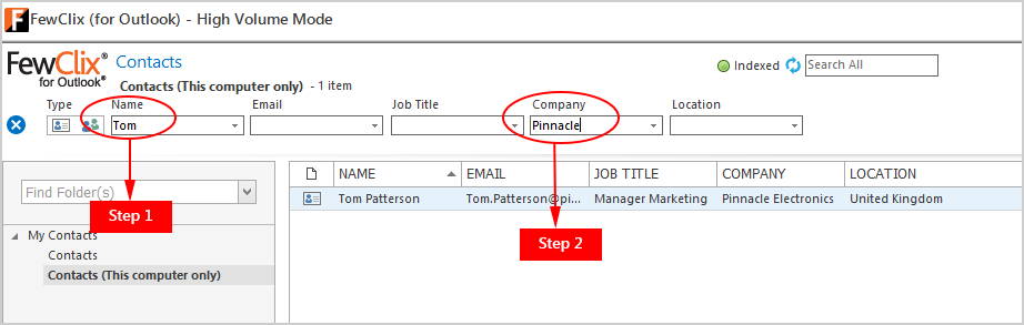 Outlook screen with FewClix for Outlook - Contact Search