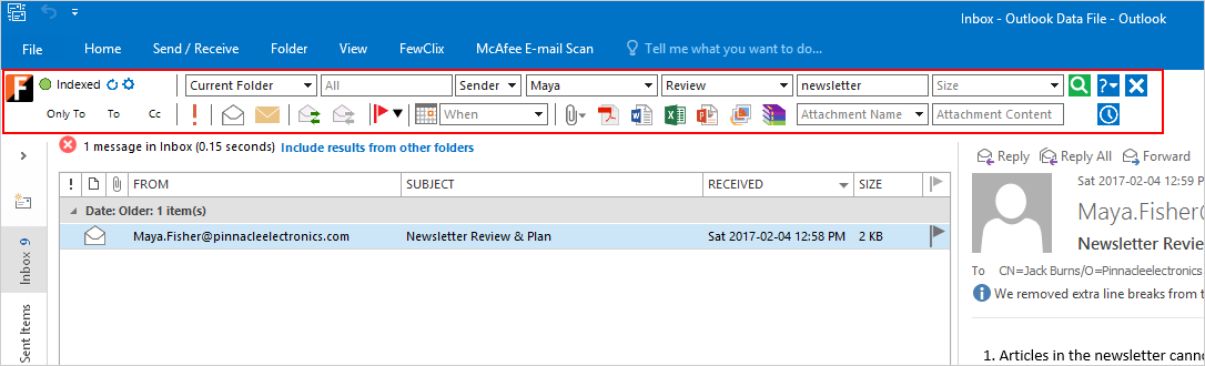 FewClix for Outlook screenshot