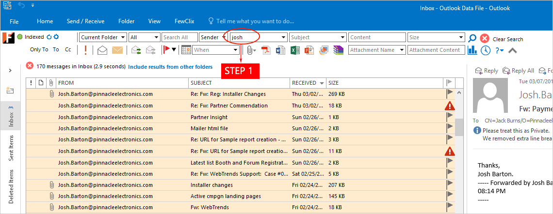 FewClix for Outlook - Search integrated into the Outlook mailbox