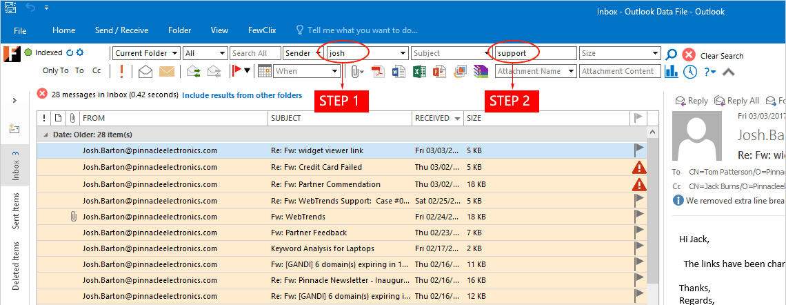 FewClix for Outlook - Search integrated into the Outlook mailbox